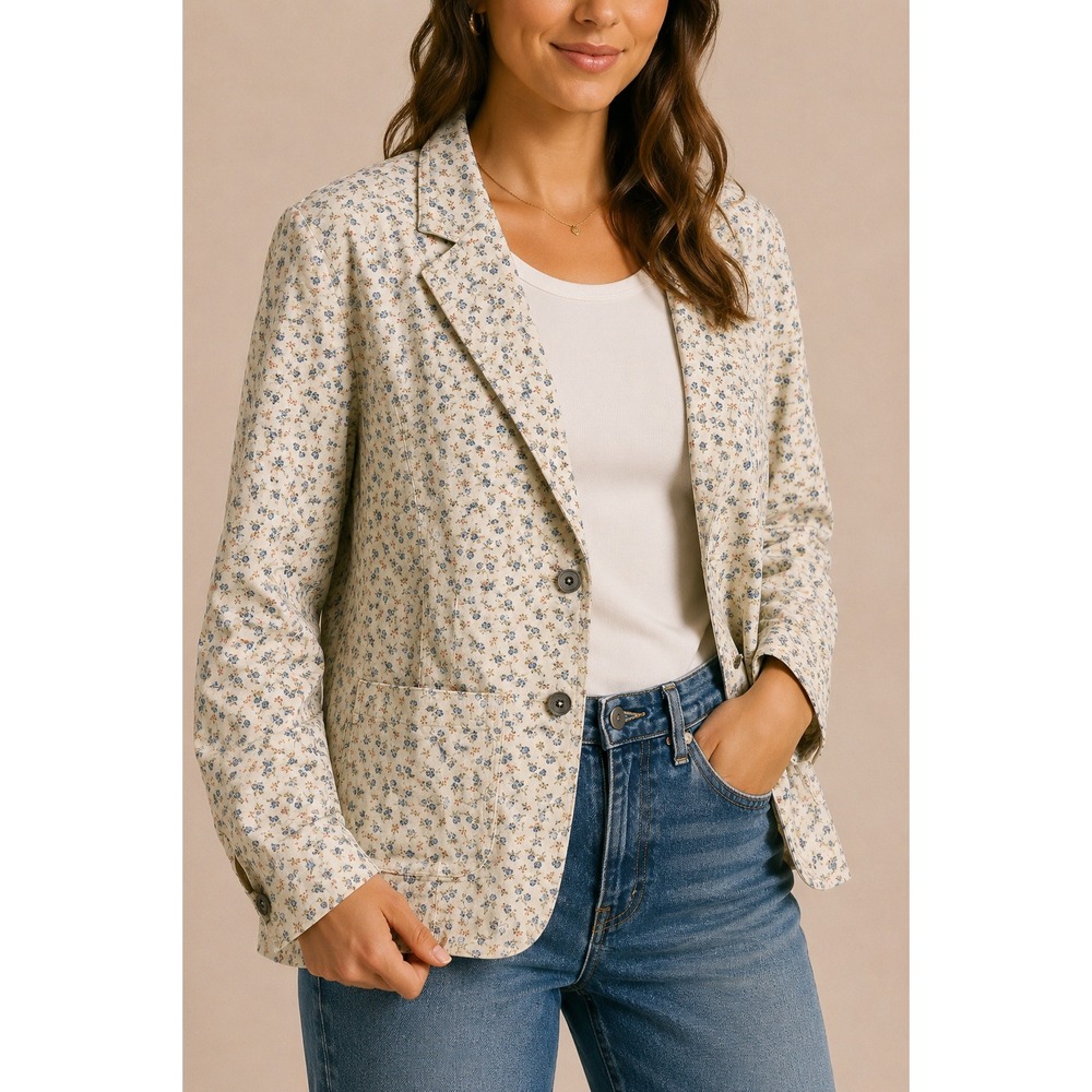 Liz Claiborne Floral Cotton Blazer Cottagecore Boho Cream Cotton Small